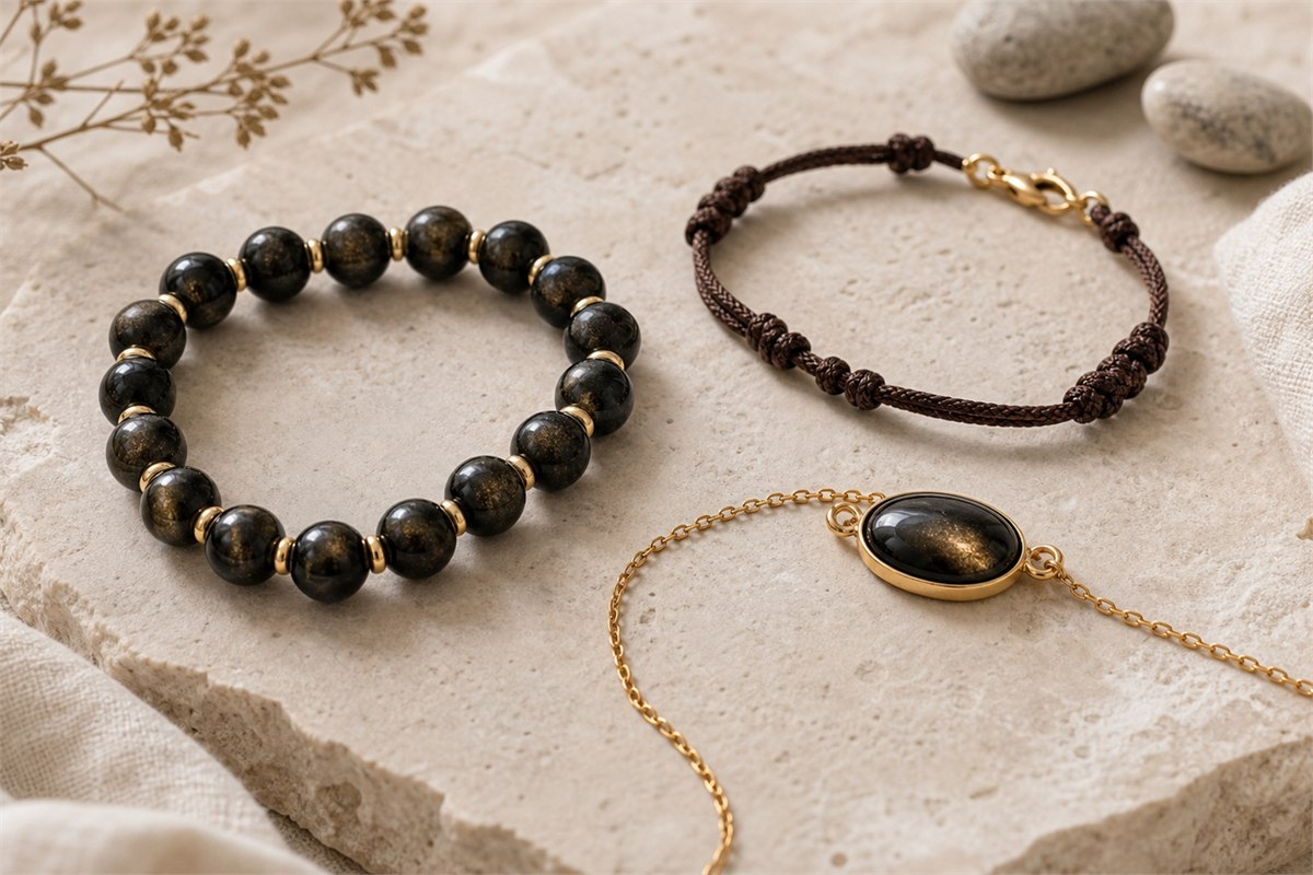 Gold sheen obsidian bracelets with rounded spacers, clasped cord, and a bezel-set cabochon