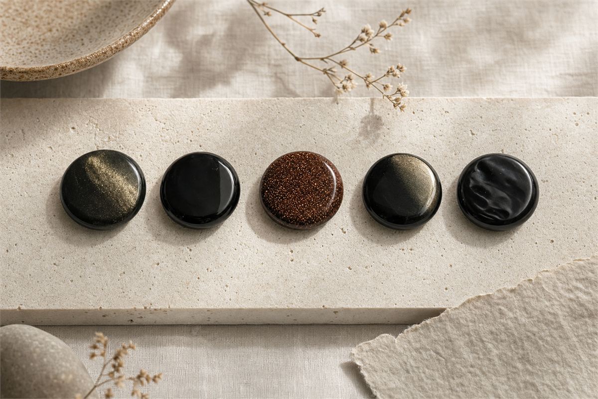 Five black and gold jewelry materials including natural sheen obsidian, plain obsidian, goldstone, coated glass, and resin