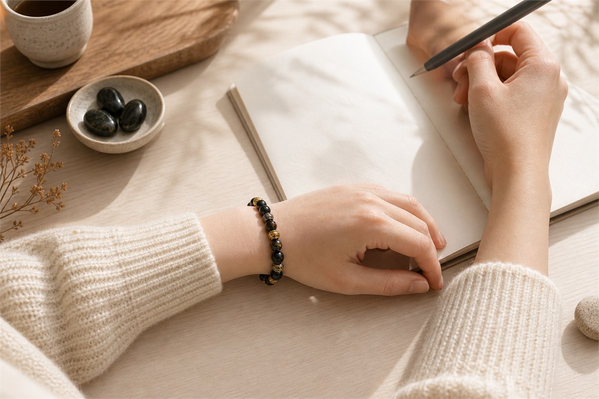 Person writing in a notebook while wearing a gold sheen obsidian bracelet on the non-dominant wrist