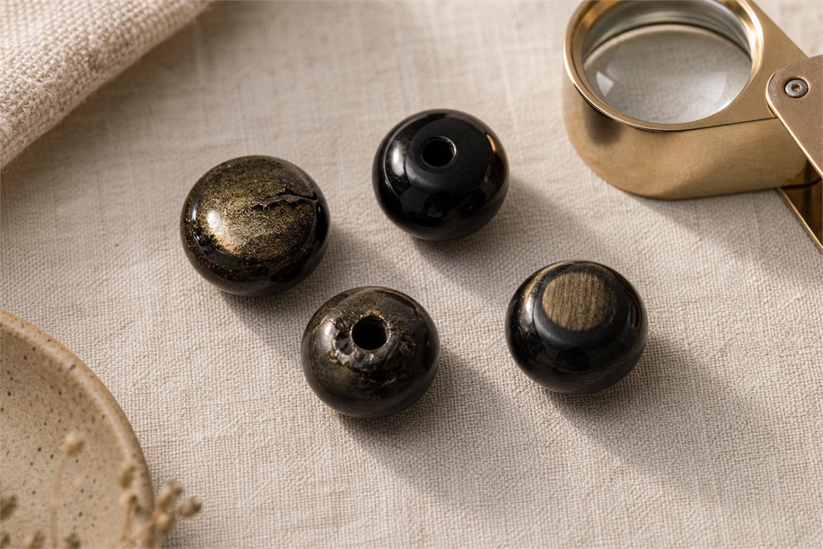 Gold sheen obsidian beads showing clean polish, a small fracture, hole chipping, and a flat polishing spot