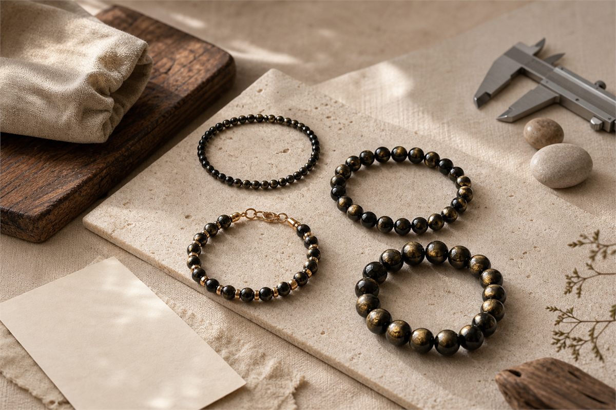 Four gold sheen obsidian bracelet designs with different bead sizes, sheen matching, and metal construction