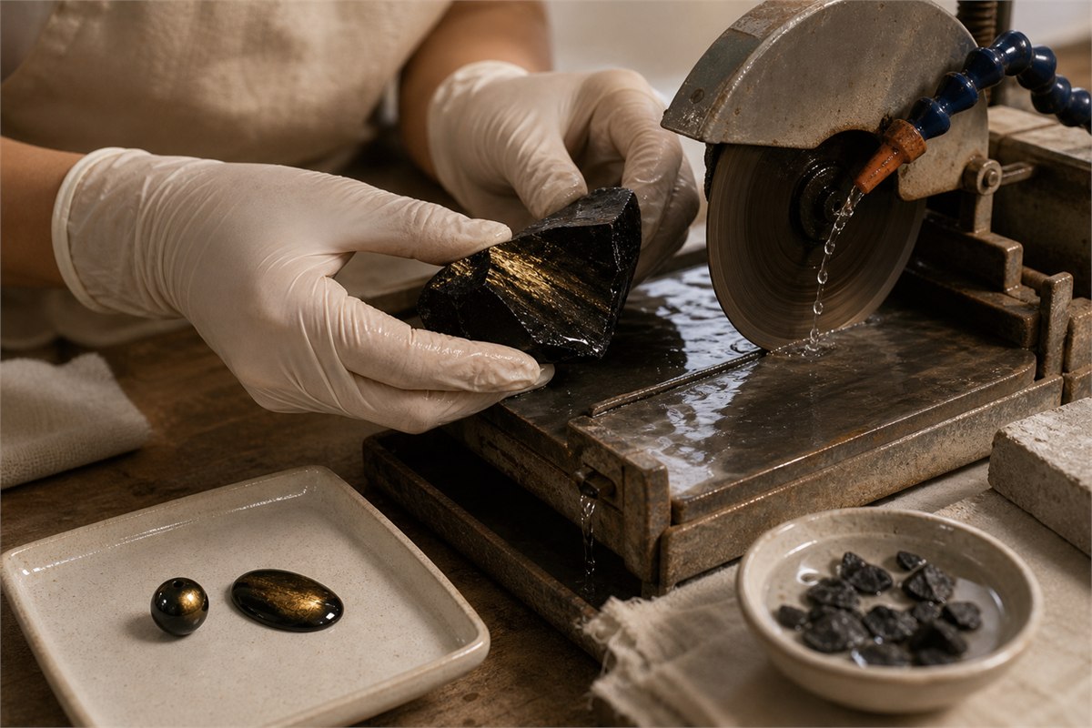 Gloved lapidary hands preparing obsidian rough at a water-cooled diamond saw