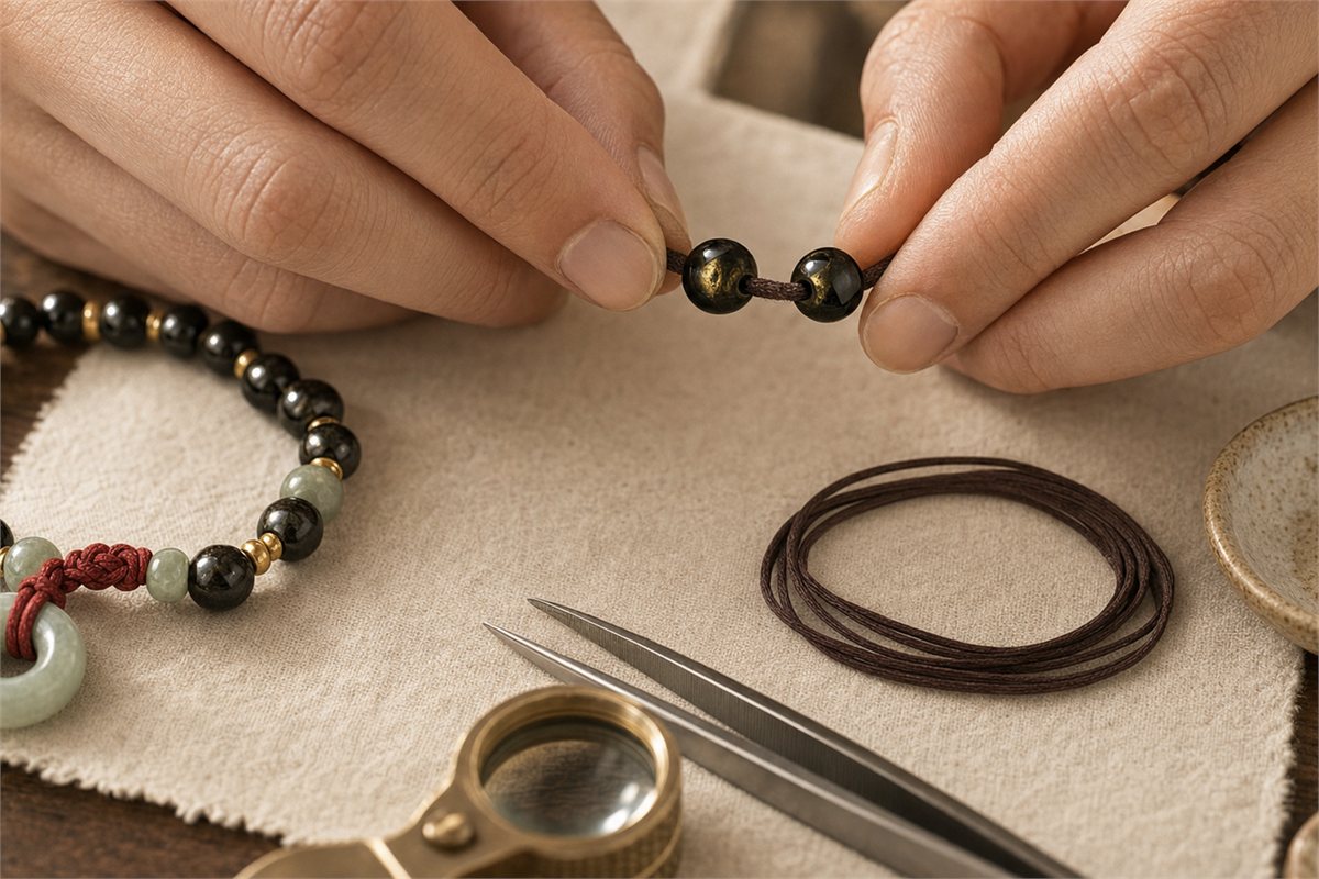 Close-up inspection of elastic cord at the holes of gold sheen obsidian beads