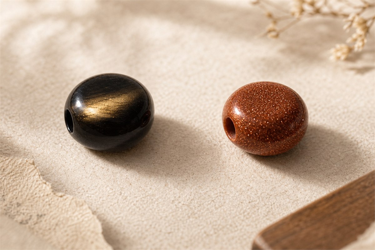 Natural gold sheen obsidian bead beside man-made goldstone glass with uniform copper sparkles