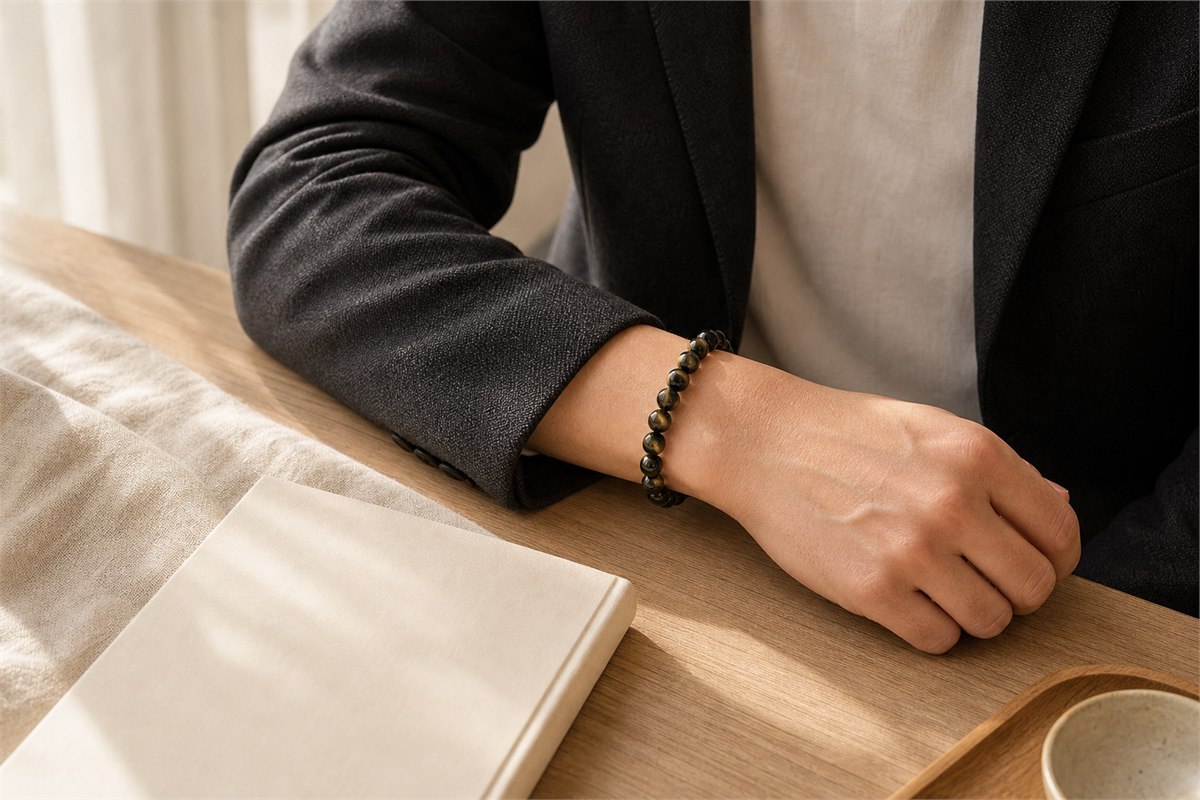 Gold sheen obsidian bead bracelet worn with a white shirt and charcoal jacket