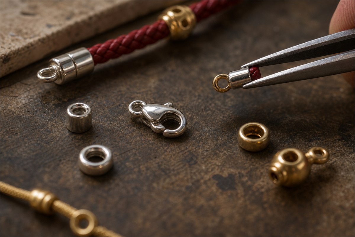 Macro view of gold-tone and silver bracelet spacers, clasp, connectors, and red cord on a workbench
