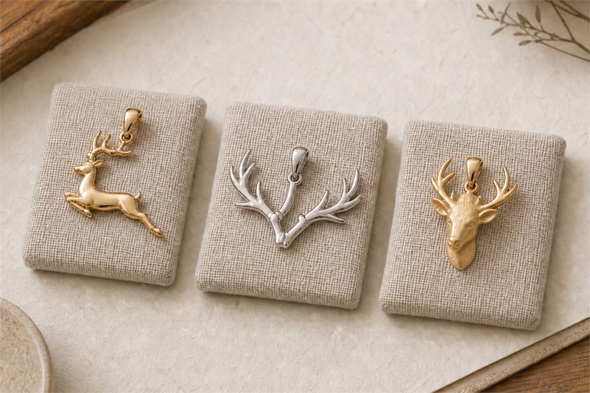 Three deer-inspired pendants in warm gold, cool silver, and pale gold finishes on linen pads