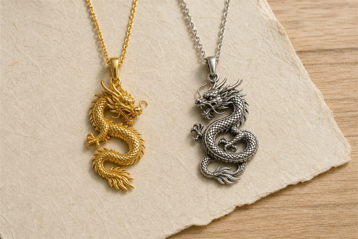 Warm gold dragon pendant beside an oxidized silver dragon pendant
