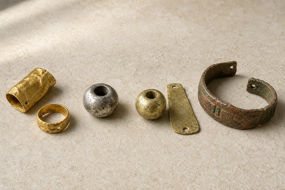 Gold, silver, pale electrum, and aged copper-alloy ornaments arranged as separate metal groups