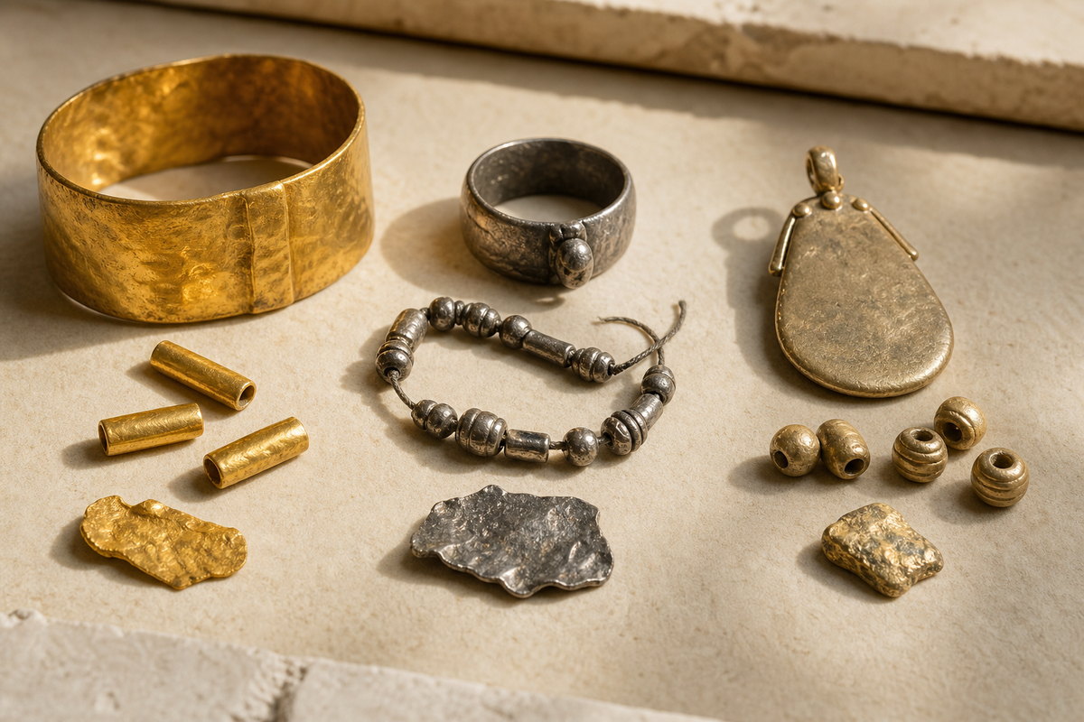 Hammered gold bracelet, tarnished silver rings and beads, and pale electrum pendant displayed separately