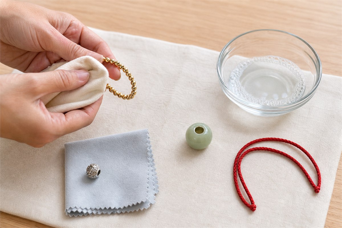 Hands wiping gold jewelry beside a silver bead cloth, jade bead, mild soapy water, and dry red cord