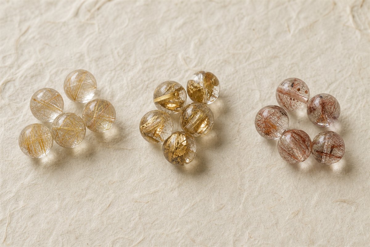 Three rutilated quartz bead groups showing fine gold needles, coarse metallic gold rutile, and copper-red rutile