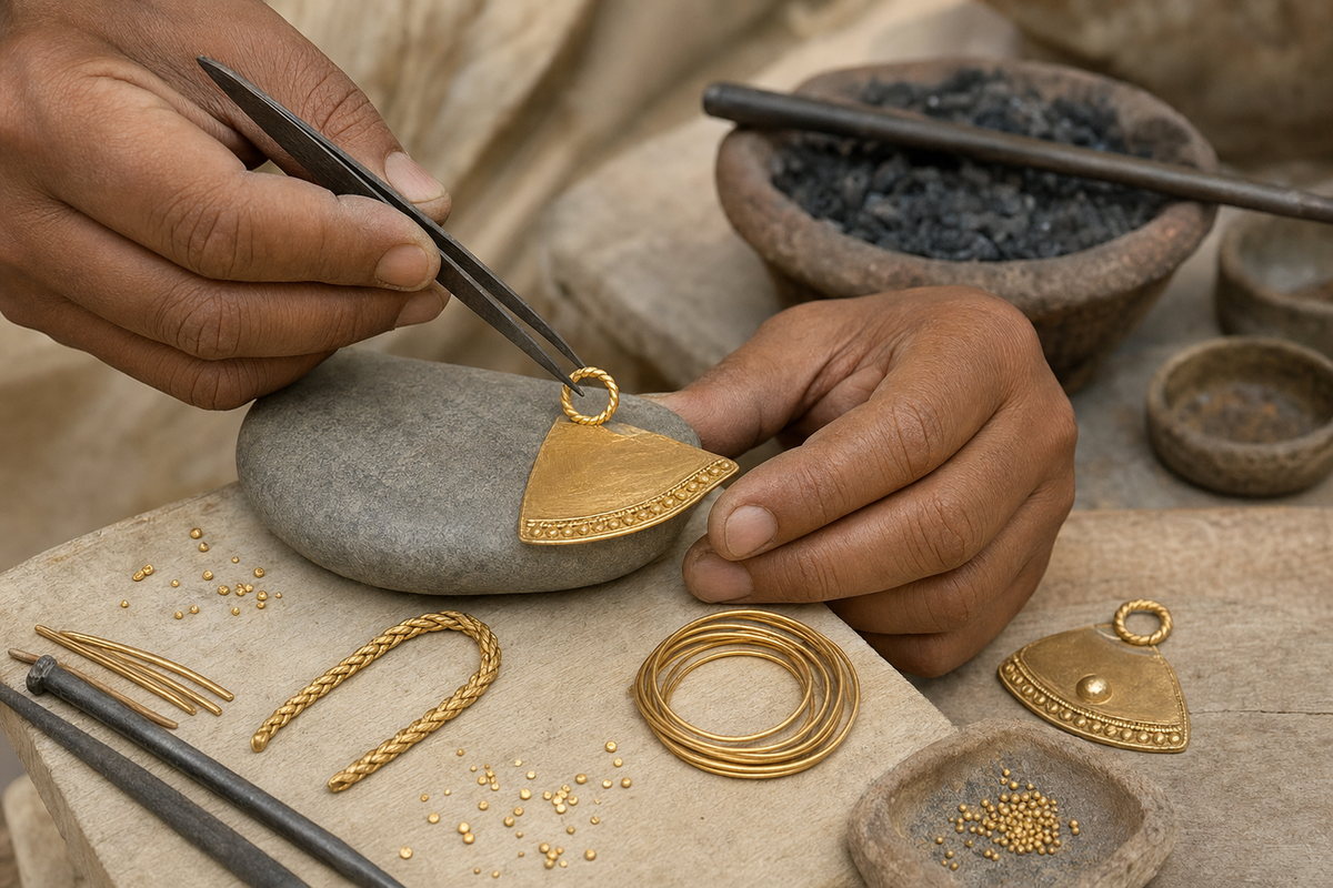 Goldsmith joining twisted and rounded gold wire beside small granules and visible soldered connections