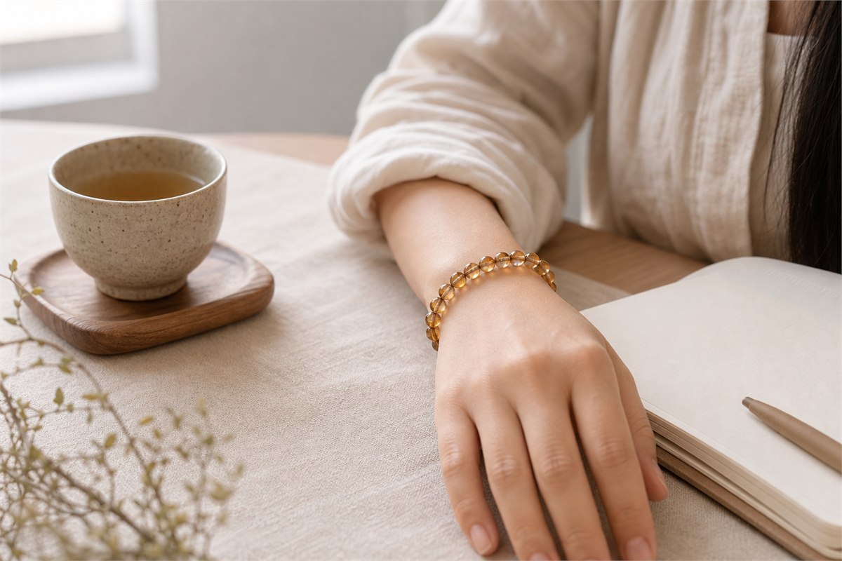 Adult wrist wearing a small transparent golden amber bracelet beside tea and a notebook.