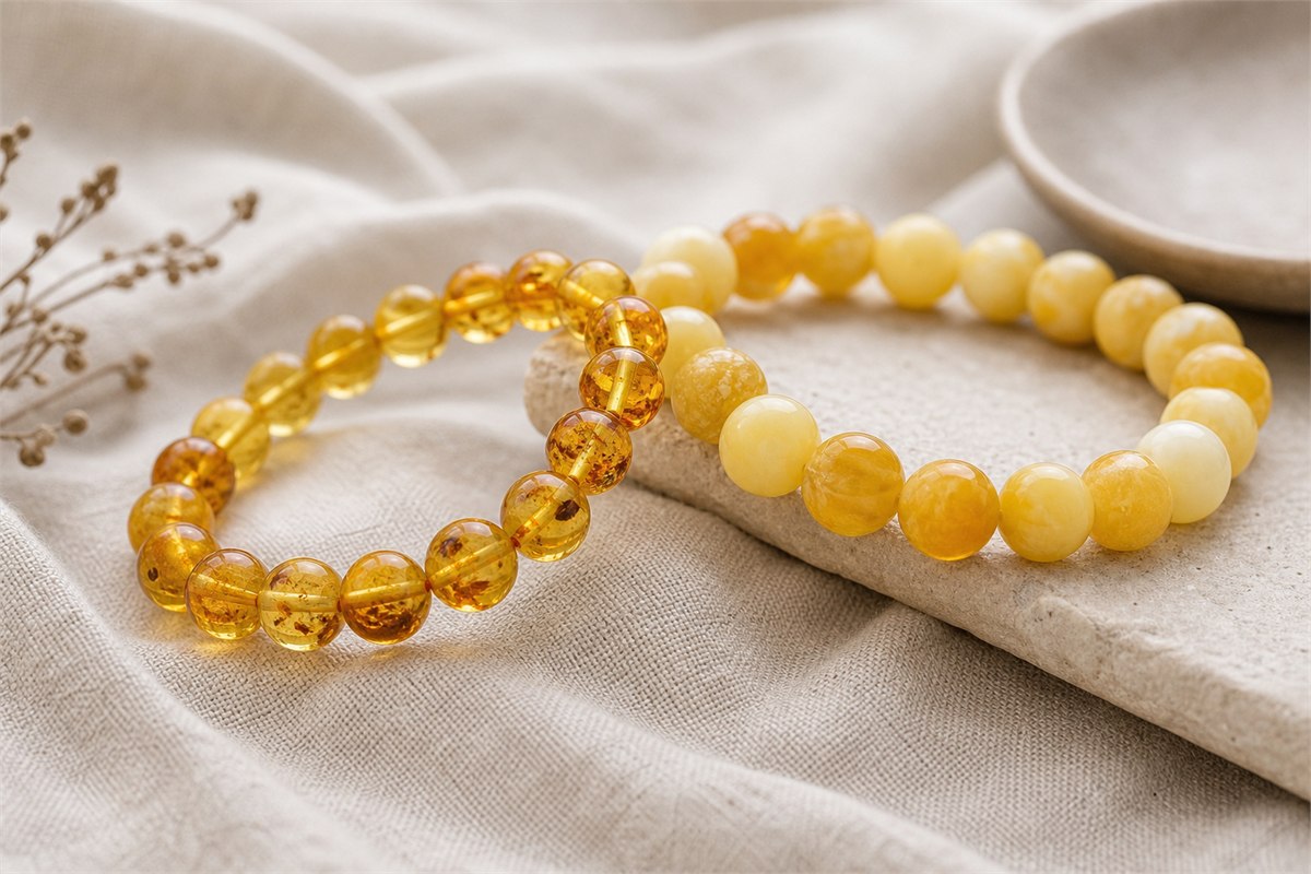 Transparent golden amber and opaque creamy beeswax amber bracelets on linen.