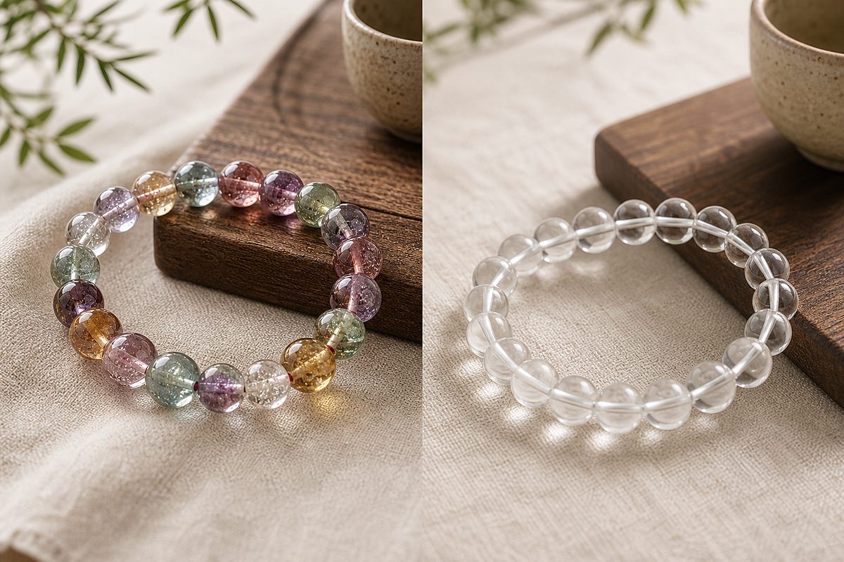 Good handmade Liuli bracelet beads beside simpler ordinary glass or plastic beads without labels