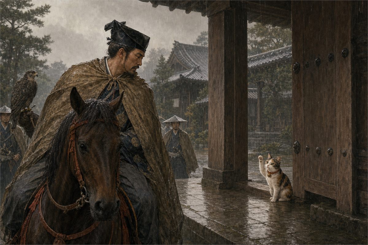 Historical illustration of a small cat beckoning an Edo-period Japanese lord toward a temple gate during a rainstorm