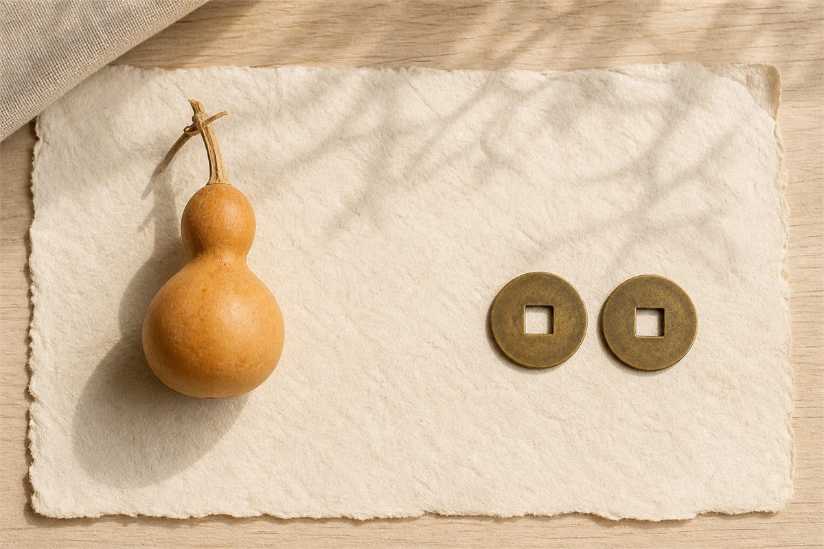 Wooden gourd beside two plain round coin motifs with square holes