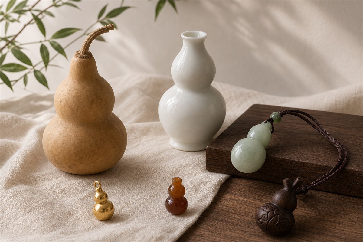 Natural dried gourd, white porcelain hulu vase, jade and gold pendants, agate bead, and carved wood ornament