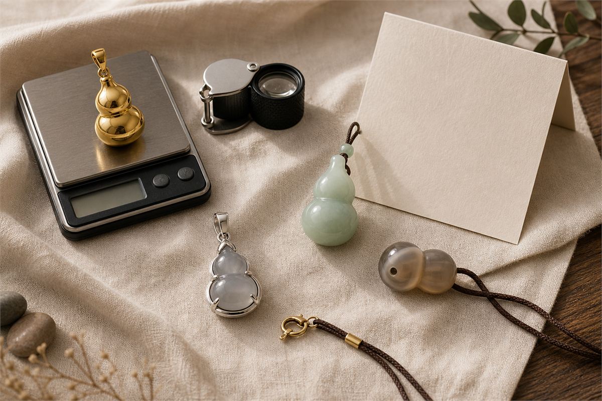 Gold, pale-green jade, silver-set stone, and agate gourd jewelry beside a scale, loupe, clasp, and cord