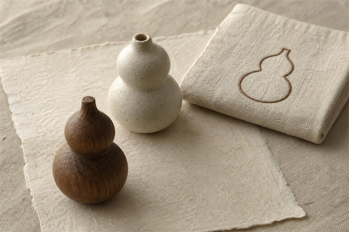 Wooden, ceramic, and woven textile gourd motifs arranged on linen
