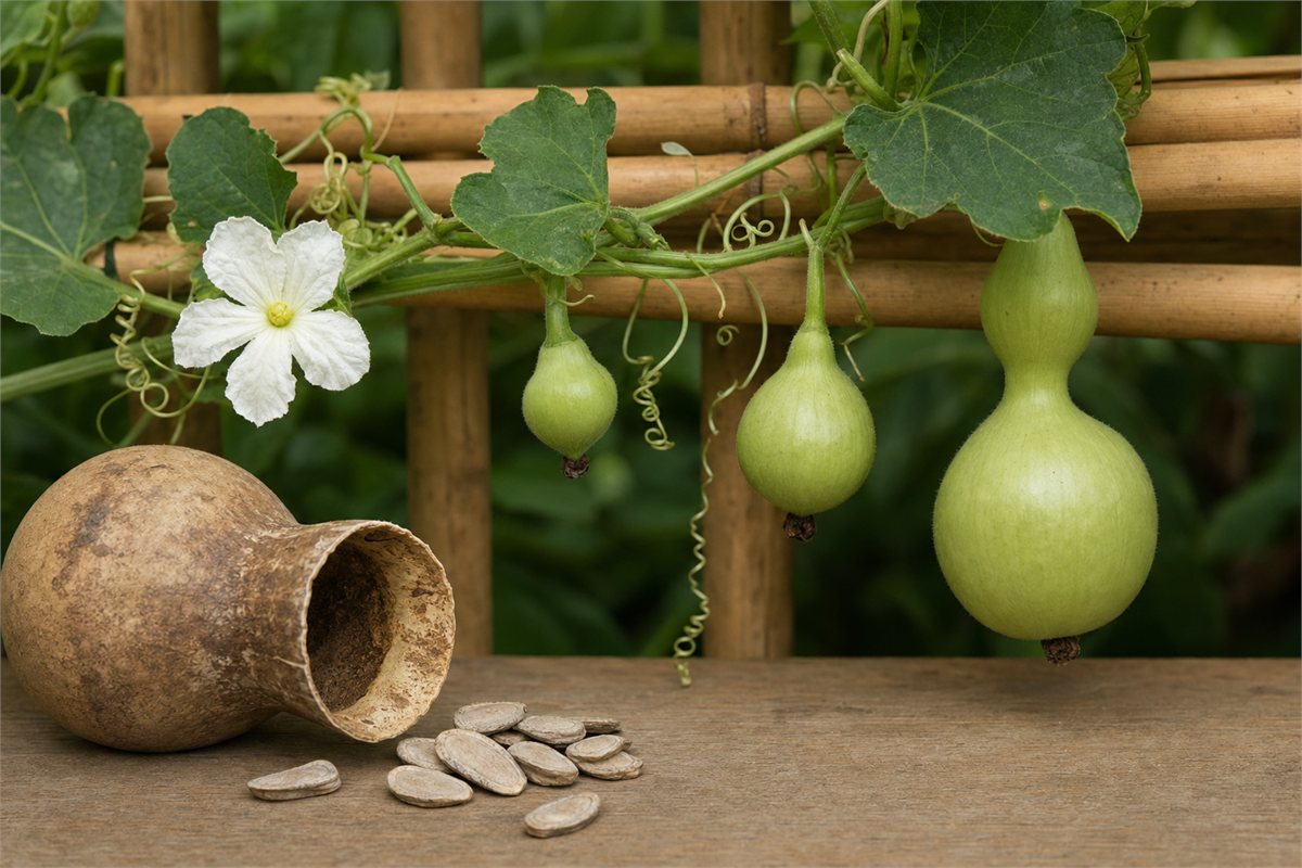 Connected gourd vine with several fruits, curling tendrils, and seeds from an opened dried gourd