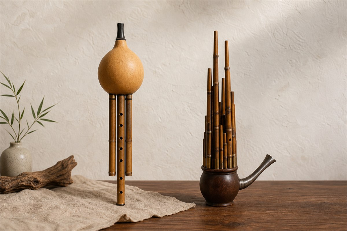 Hulusi with one dried gourd wind chest and three bamboo pipes beside a sheng with a clustered bamboo pipe structure