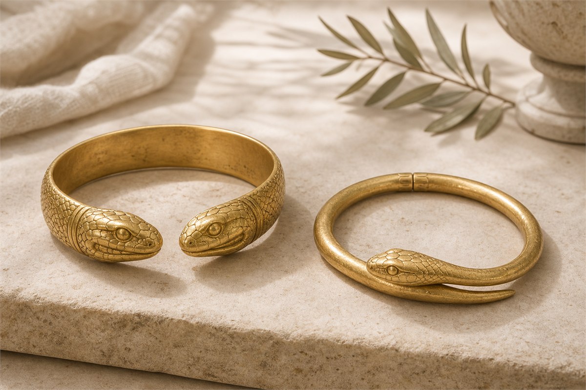Gold bracelet with paired snake-head terminals beside a separate coiled Roman-style snake bracelet