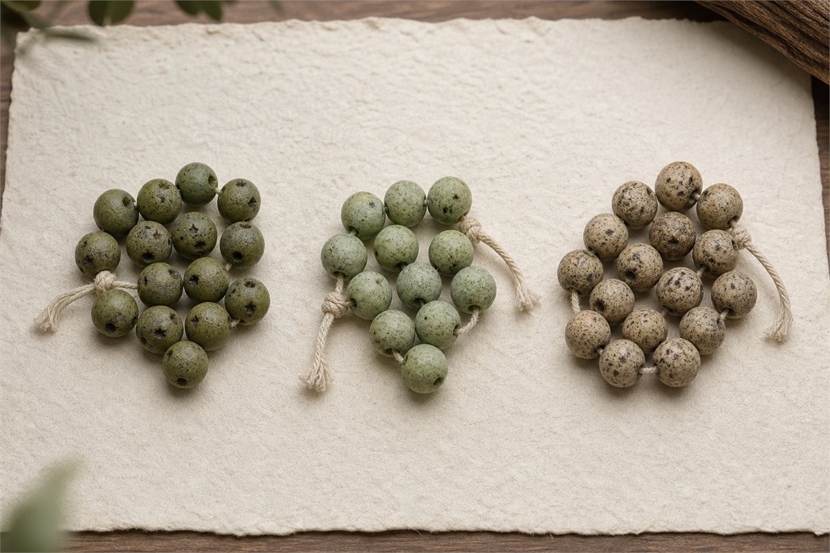 Three dry bead groups showing natural olive color, pale green dye, and dark surface grime