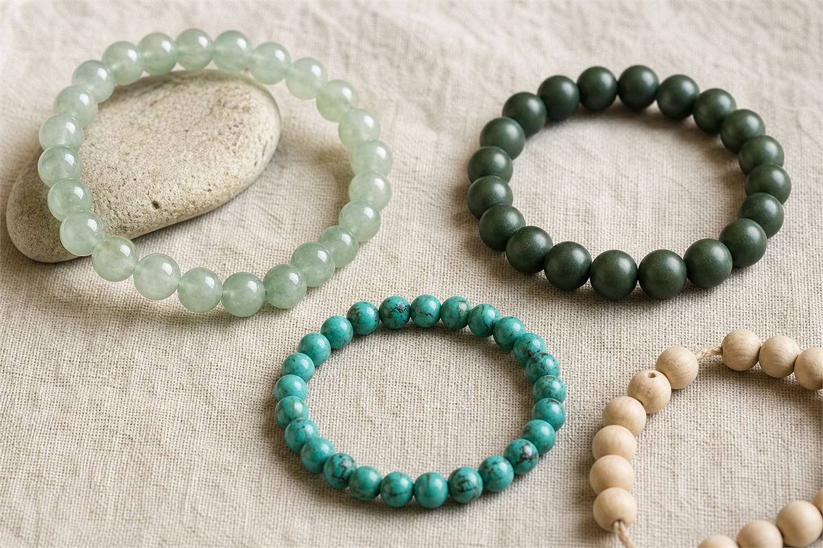 Pale jadeite, dark nephrite, turquoise, and light wood bead bracelets