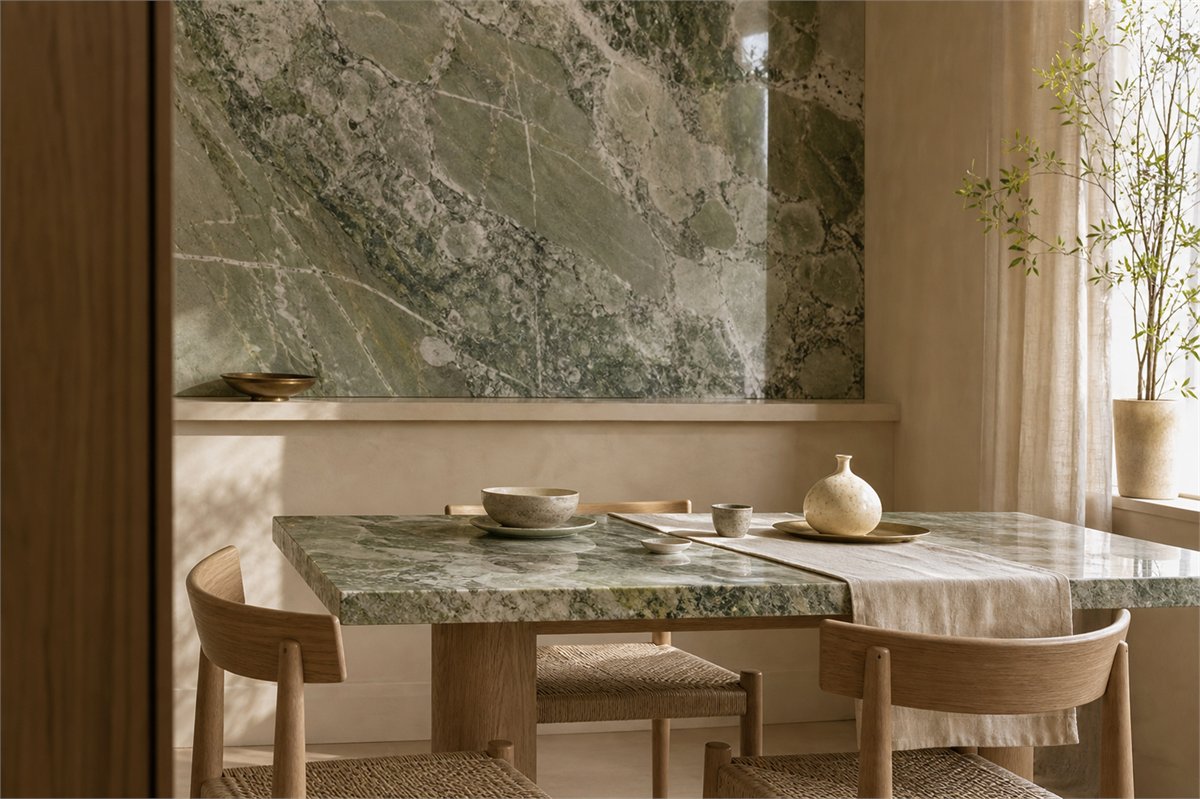 Quiet dining room with a green-and-white natural stone table and matching wall panel