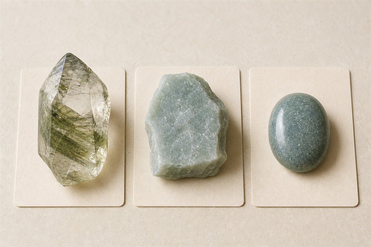 Transparent green phantom quartz beside pale green quartzite-jade rough and a blue-green quartz-rich cabochon