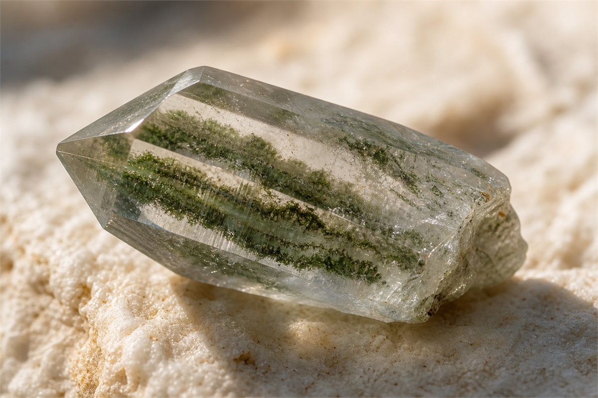 Macro view of transparent quartz with layered olive chlorite inclusions at different depths