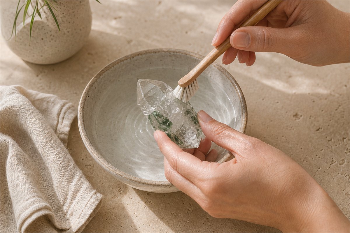 Hands gently cleaning a green phantom quartz crystal with clear water and a soft brush beside an ivory cloth