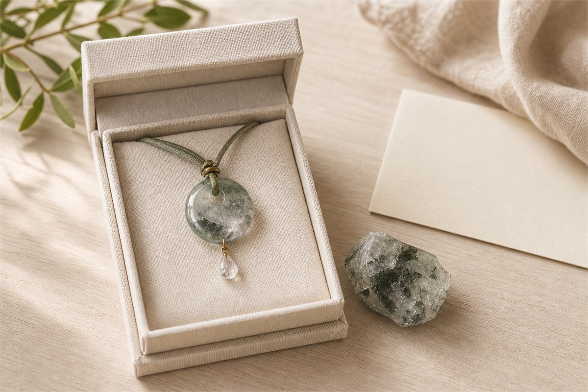 Green phantom quartz pendant in an ivory linen gift box beside a small included quartz specimen and blank card