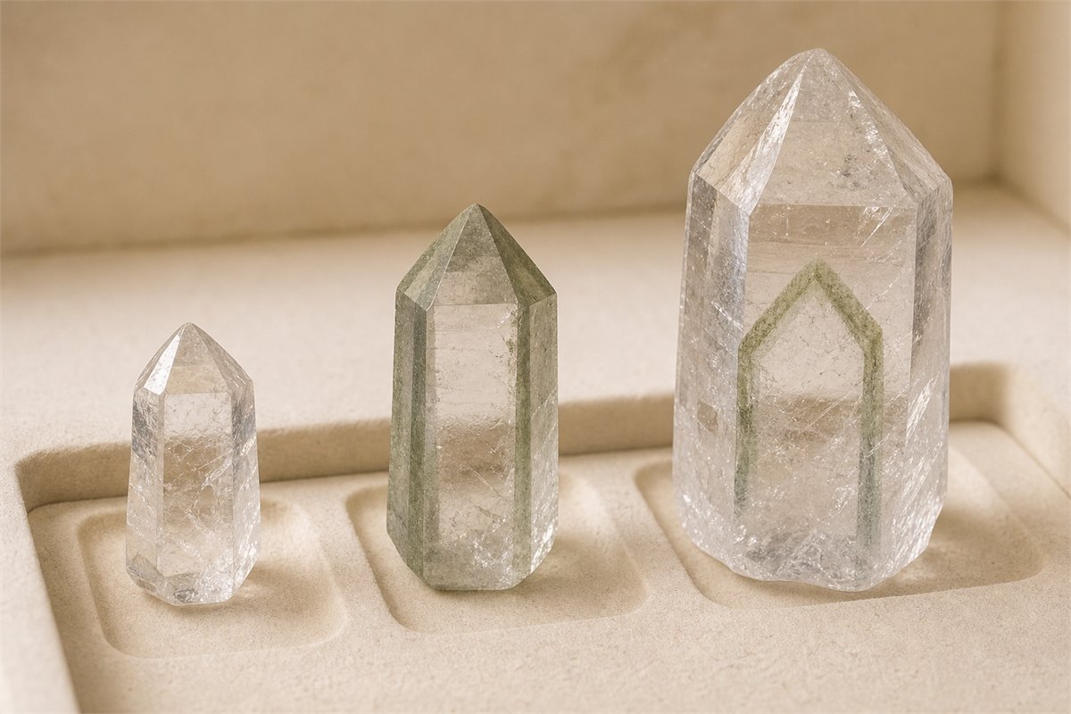 Three quartz specimens showing progressive chlorite coating and enclosure during crystal growth