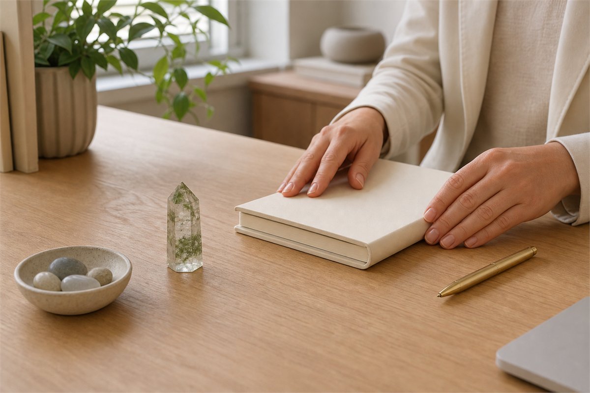 Small green phantom quartz crystal beside a cream notebook and brass pen on a light wood desk