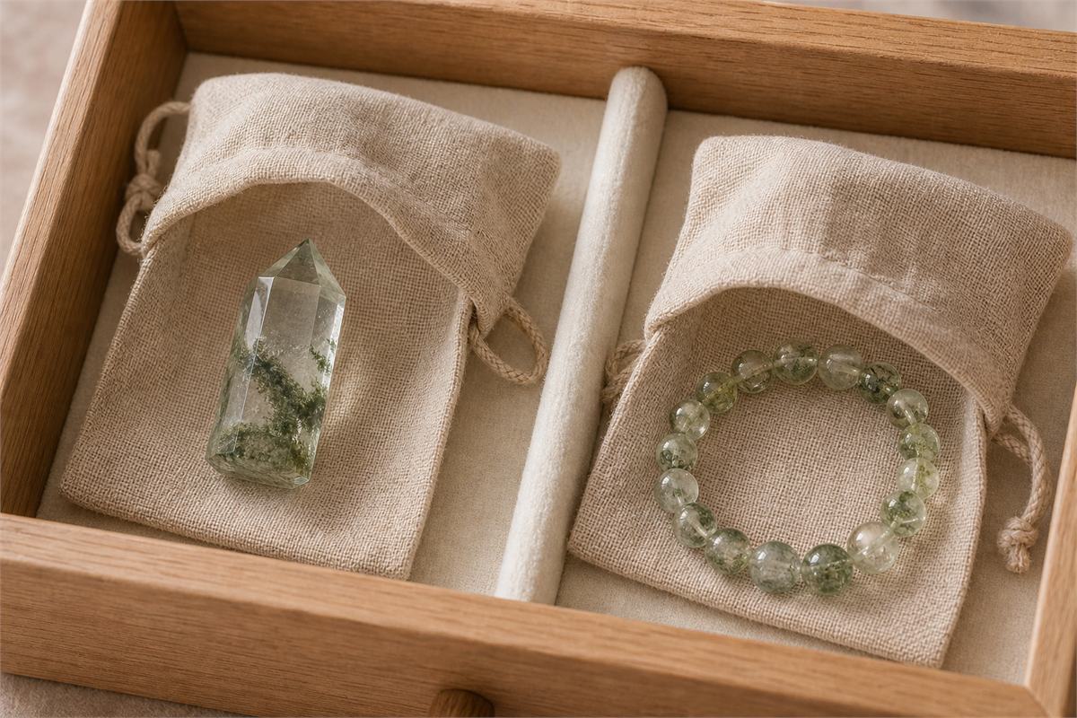 Green phantom quartz point and varied bead bracelet stored in separate linen pouches with a padded divider