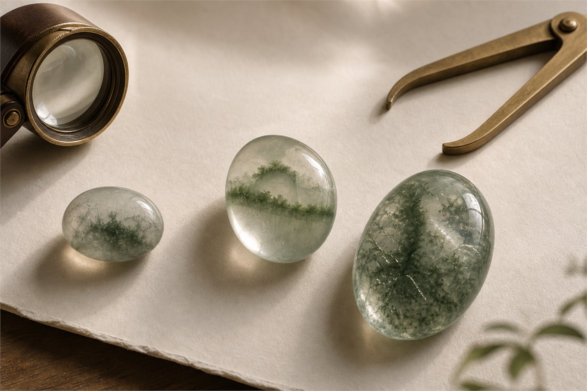 Three polished green included quartz pieces of different clarity and composition beside a loupe and calipers