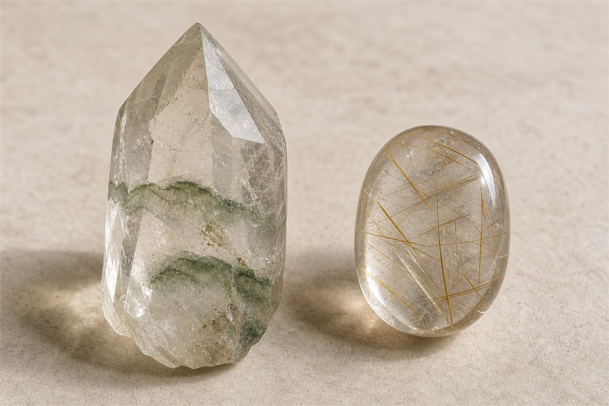Green phantom quartz with layered mineral inclusions beside rutilated quartz with fine golden needles