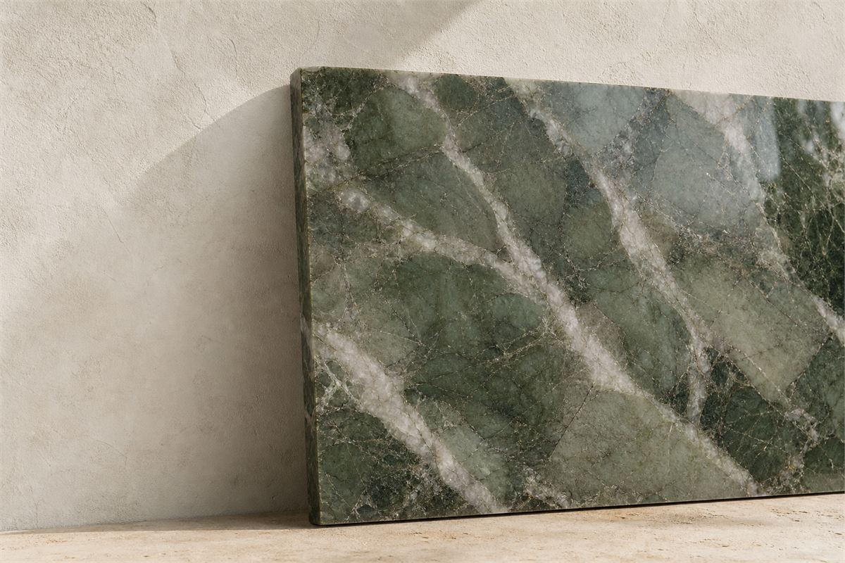 Polished opaque green natural stone slab with irregular milky white quartz veins against ivory plaster