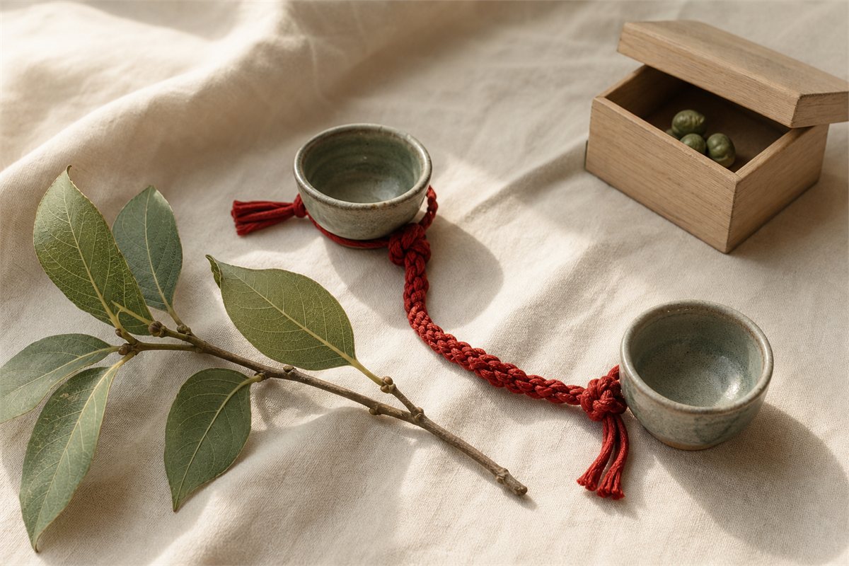 Muted green branch and red woven cord linking two ceramic cups beside a small wooden box