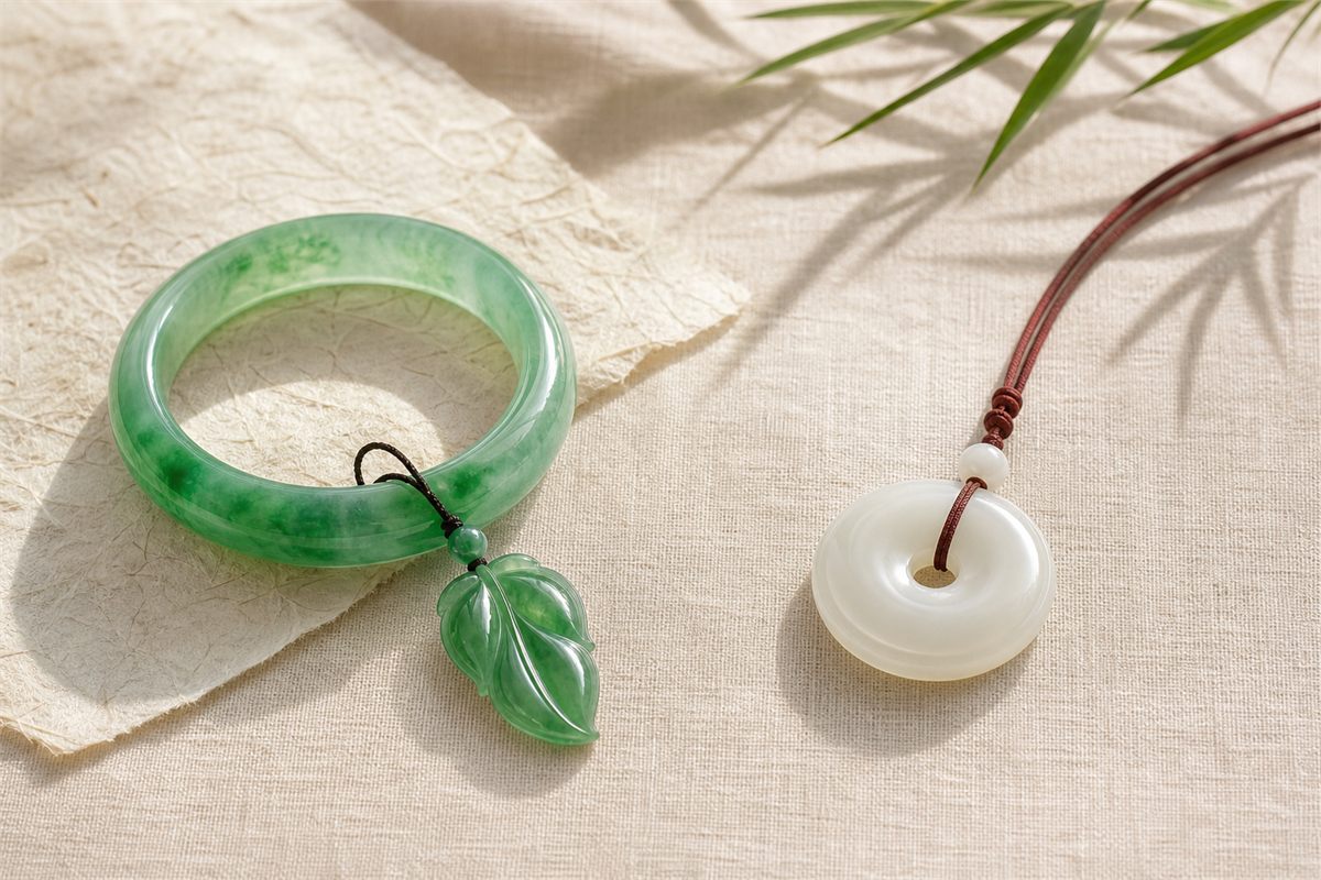 Green jadeite bangle and leaf pendant beside a creamy white nephrite disc pendant on dark red cord