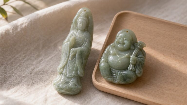 Pale jade Guanyin and smiling Budai pendants arranged together on warm linen