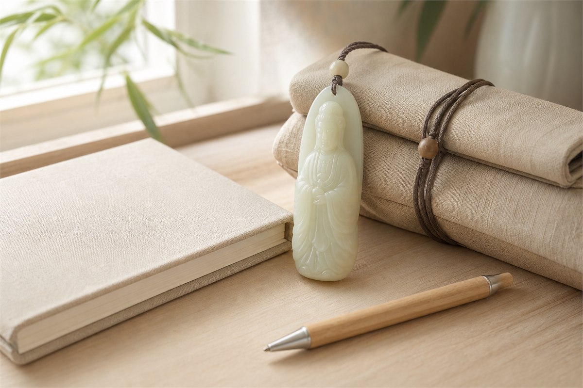Pale nephrite Guanyin pendant beside a travel pouch and closed notebook