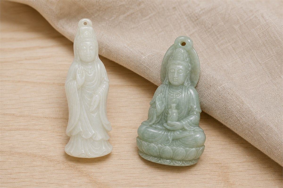 Two Guanyin pendants in creamy nephrite and soft green jadeite on pale wood