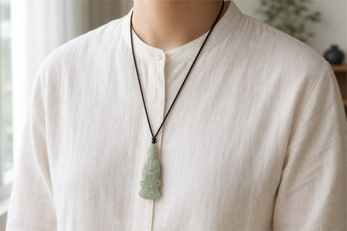 Adult wearing a pale Guanyin jade pendant over a simple linen shirt