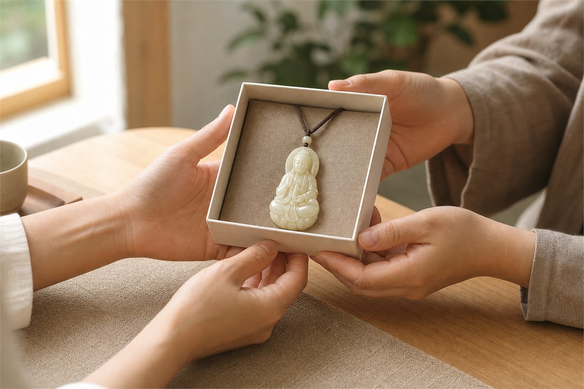 Two adult hands exchanging an open box with a Guanyin jade pendant