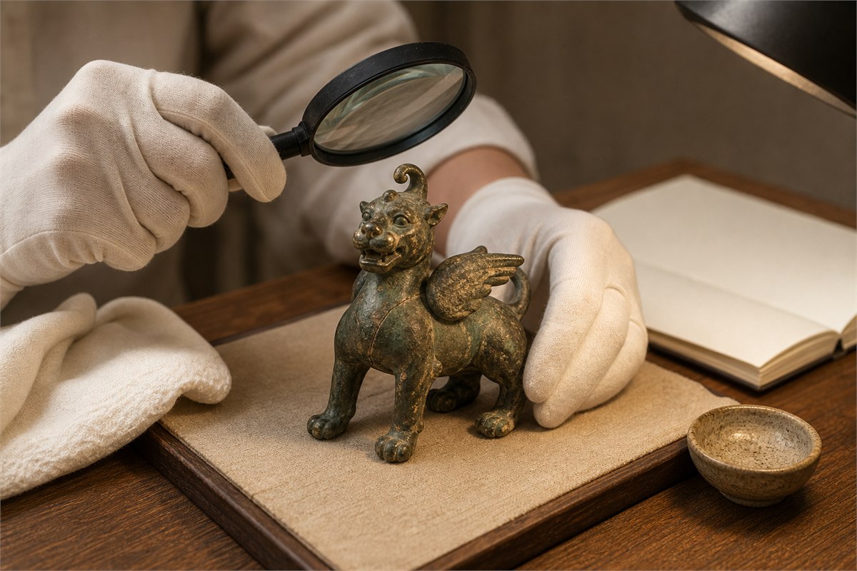 Gloved hands inspect a small bronze winged beast for casting seams, patina, wear, and repair