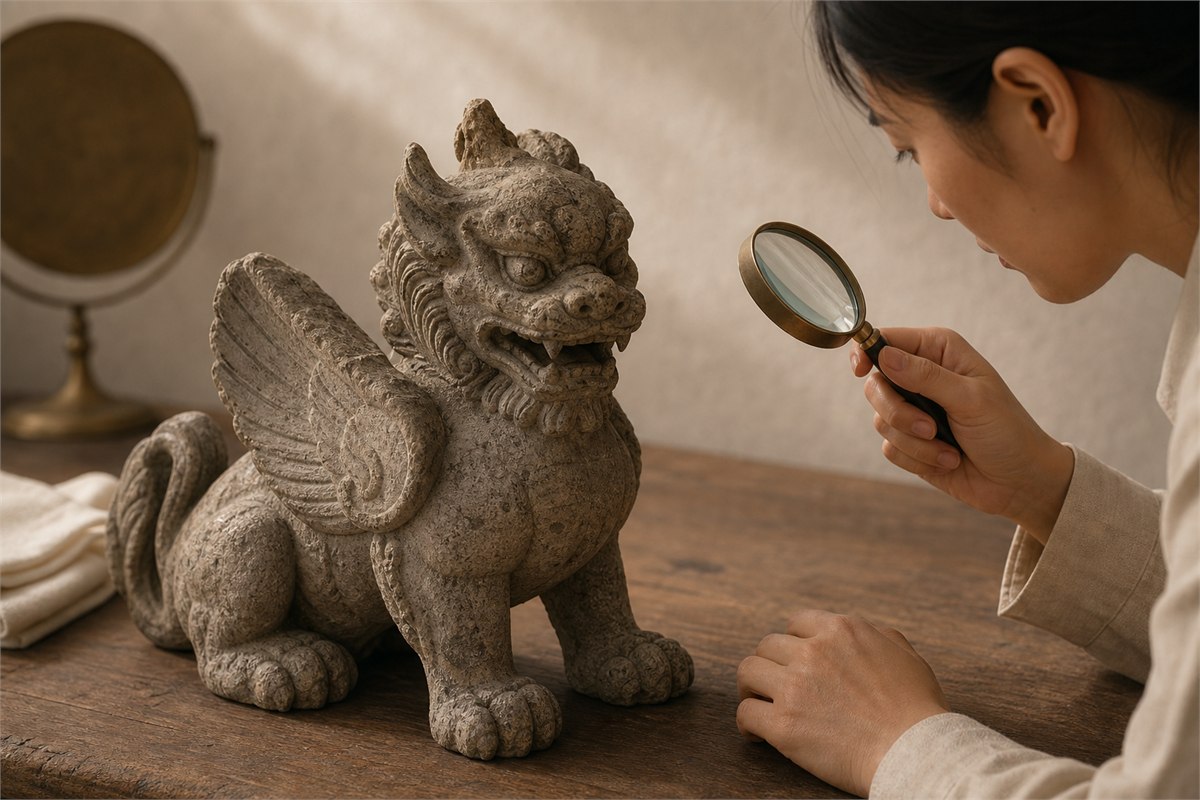 Researcher examines the stone grain, horn, carved wing, feet, and tail of a guardian beast with a magnifier